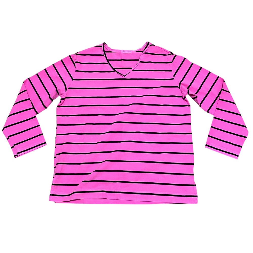 Fresh Produce Women M Neon Pink Black Striped V-Neck Long Sleeve Terry Cloth Top